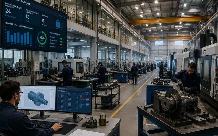 Fábrica com produção por lotes e controle em telas