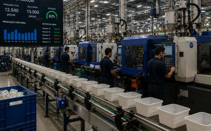 Linha de produção industrial com painéis de produção